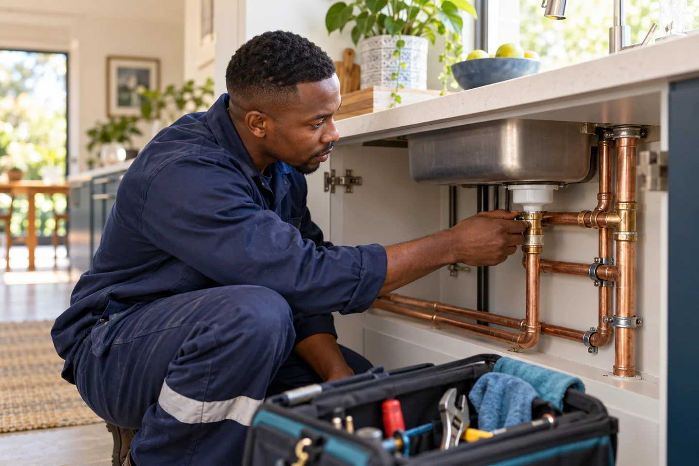 Plumber carefully inspecting copper pipework in a bright kitchen